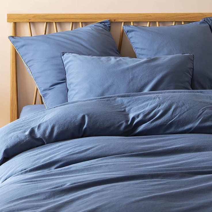 Drap housse uni en satin de coton lavé, BLEU FLANDRES