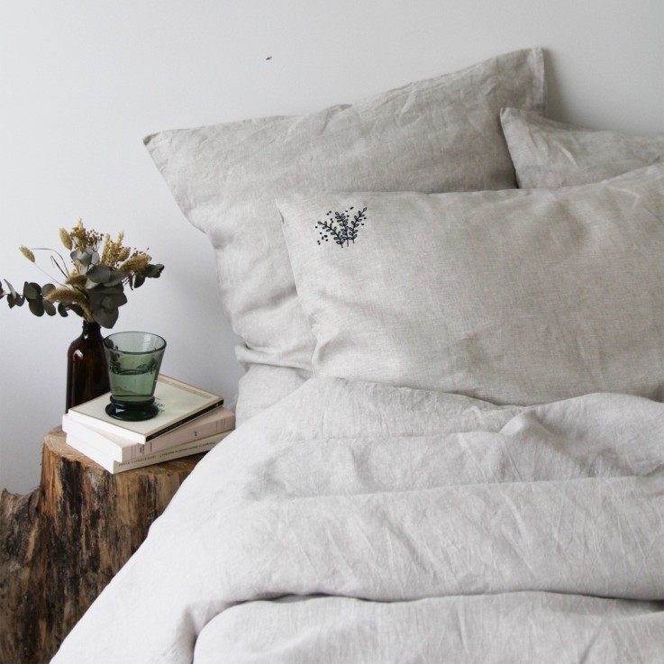 Parure de lit brodée Housse de couette + 2 taies rectangles, BOUQUET NATUREL