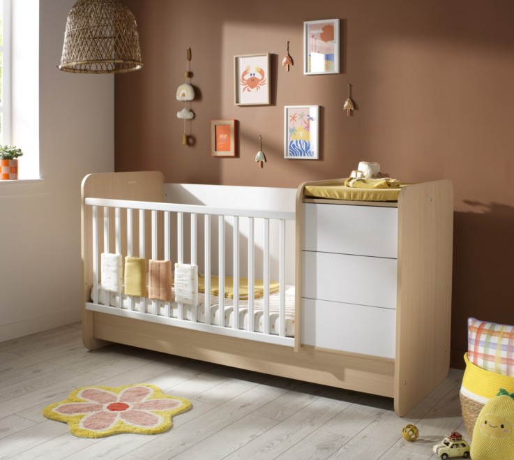 Lit combiné 140x70 évolutif en 90x190 avec commode à langer 3 tiroirs