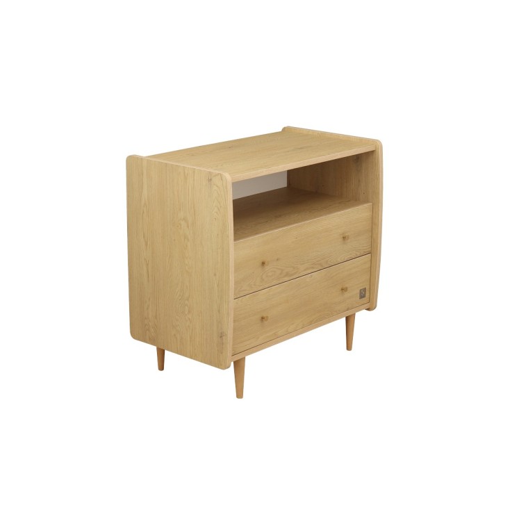 Commode 2 tiroirs et 1 niche décor chêne vintage poignées dorées