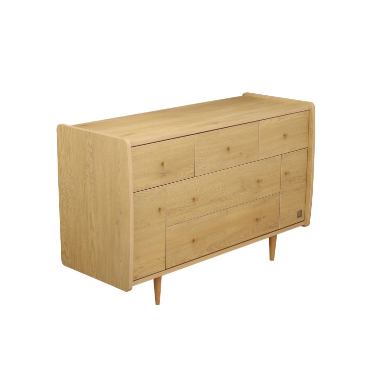 Commode 5 tiroirs et 2 portes décor chêne vintage poignées dorées