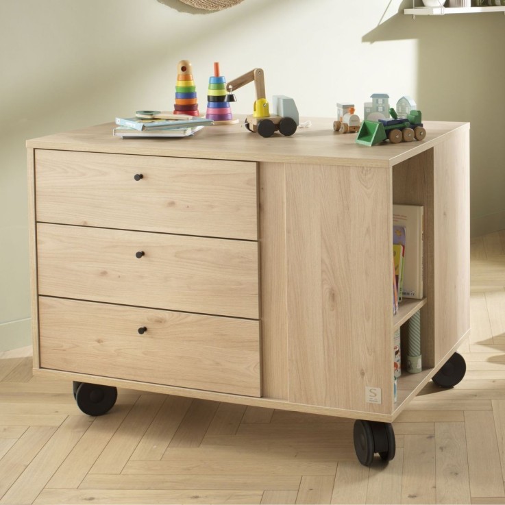 Commode-îlot bébé avec plan à langer décor bois chêne suave avec rangements 3 faces - roulettes incluses