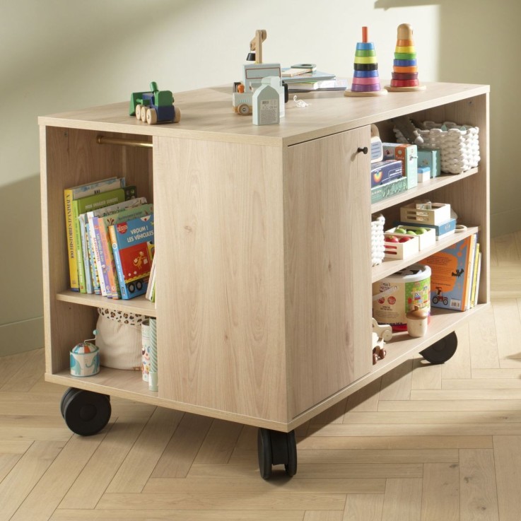 Commode-îlot bébé avec plan à langer décor bois chêne suave avec rangements 3 faces - roulettes incluses