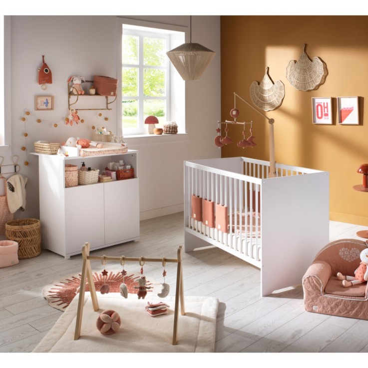 Chambre bébé duo: Lit 120x60 et commode à langer 2 portes blanc ultra.