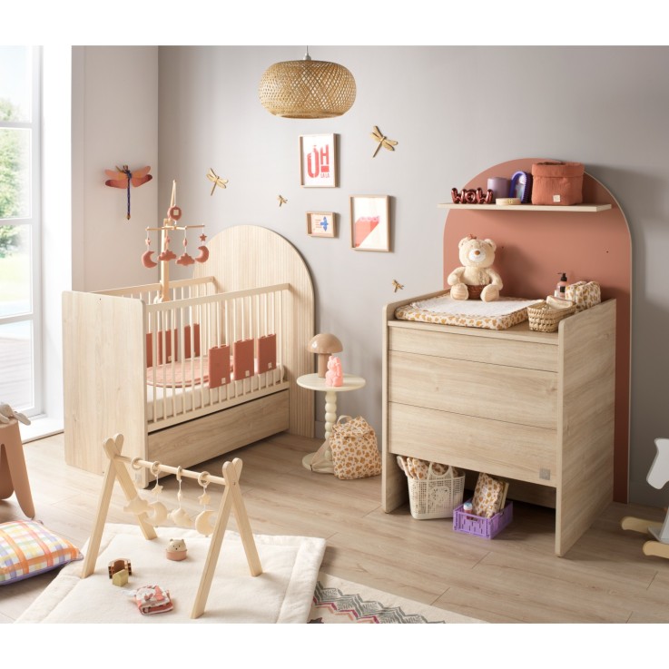 Pack chambre bébé évolutif – lit bébé 120x60 transformable en 90x190 + commode à langer évolutive en bureau