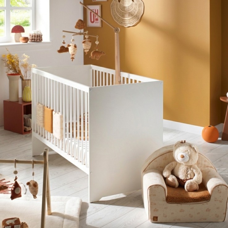 Lit bébé 120x60 avec têtes de lit panneaux laquées blanc et sommier réglable