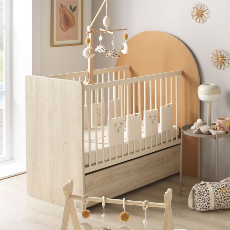 Lit bébé évolutif 120x60 en 90x190 - décor bois chêne sépia forme arche