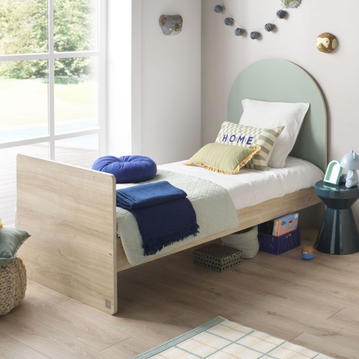 Lit junior 90x190 avec sommier et matelas - décor bois chêne sépia - tête de lit forme arche