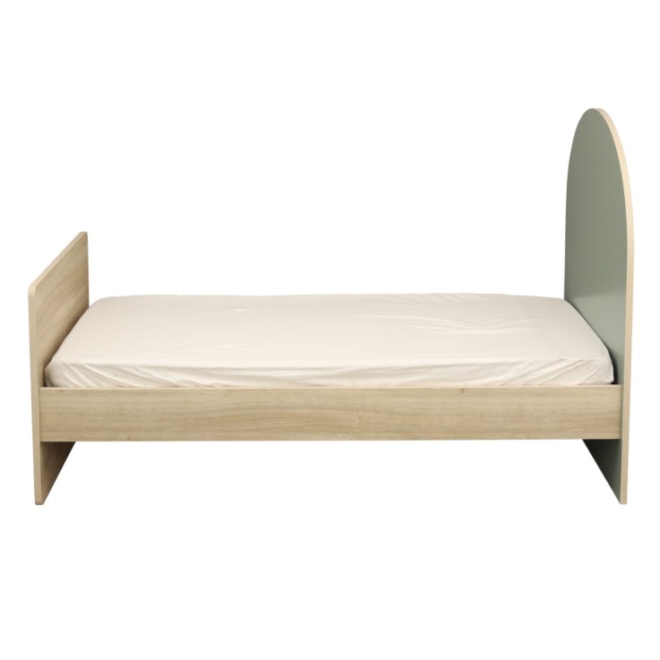 Lit junior 90x190 avec sommier et matelas - décor bois chêne sépia - tête de lit forme arche