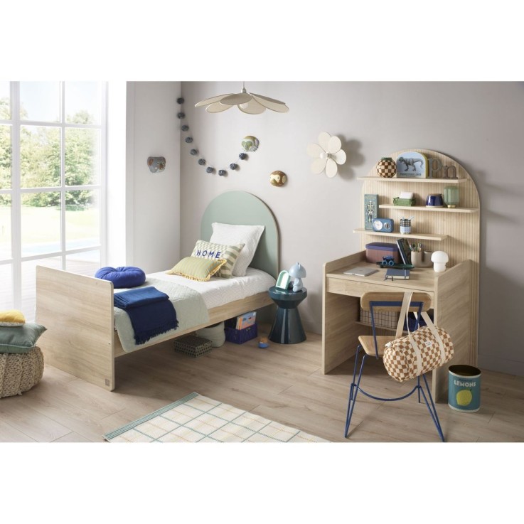 Lit junior 90x190 avec sommier et matelas - décor bois chêne sépia - tête de lit forme arche