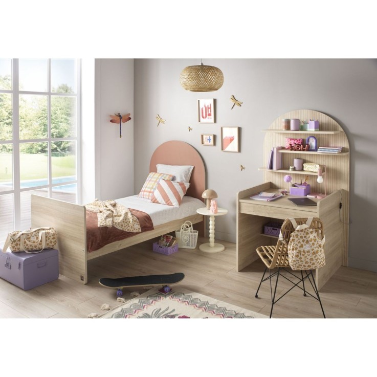 Lit junior 90x190 avec sommier et matelas - décor bois chêne sépia - tête de lit forme arche
