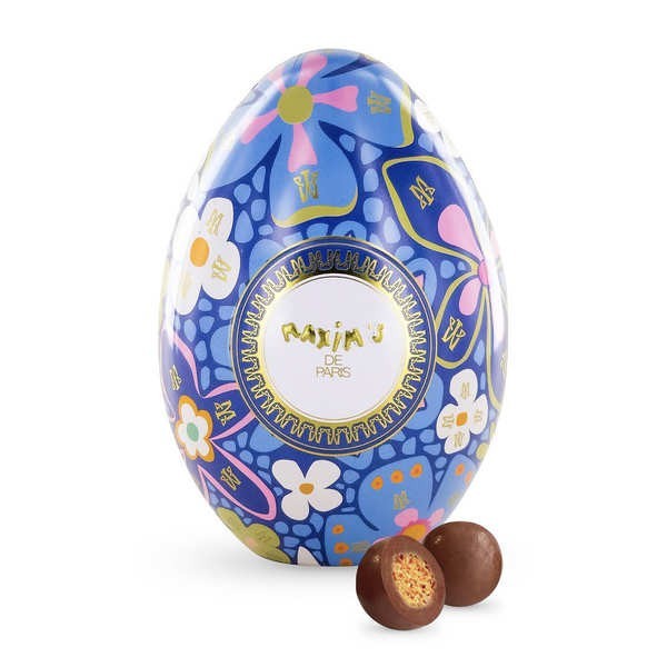 Mini œuf métal bleu garni de perles de céréales enrobées de chocolat au lait - Oeuf garni de 50g