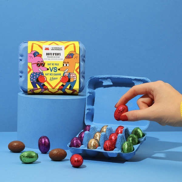 Boîte de 12 mini œufs lait praliné amandes, lait gianduja, noir praliné et noir gianduja croustillant - Boîte de 96g