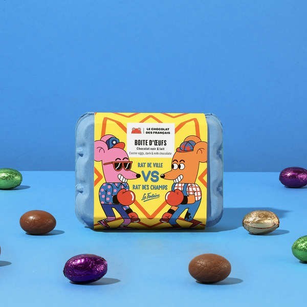 Boîte de 12 mini œufs lait praliné amandes, lait gianduja, noir praliné et noir gianduja croustillant - Boîte de 96g