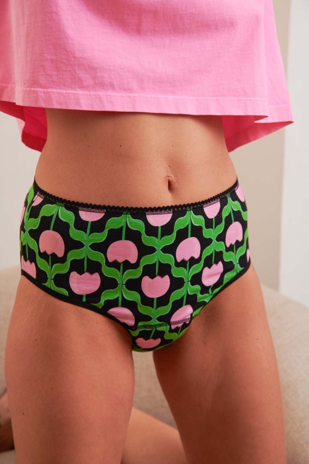 Culotte menstruelle taille haute GOTS - Flux nuit - Tulipes Noir
