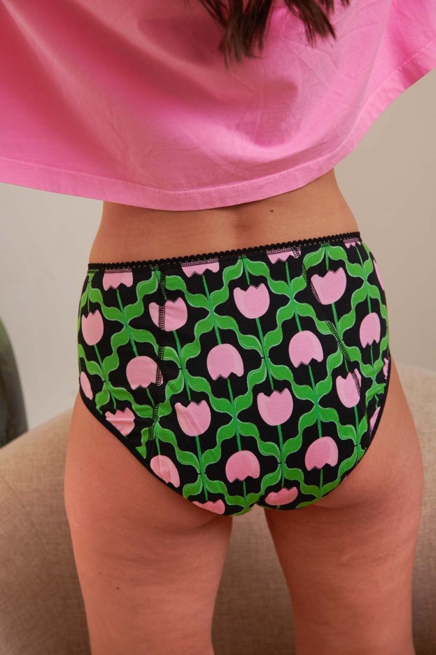 Culotte menstruelle taille haute GOTS - Flux nuit - Tulipes Noir