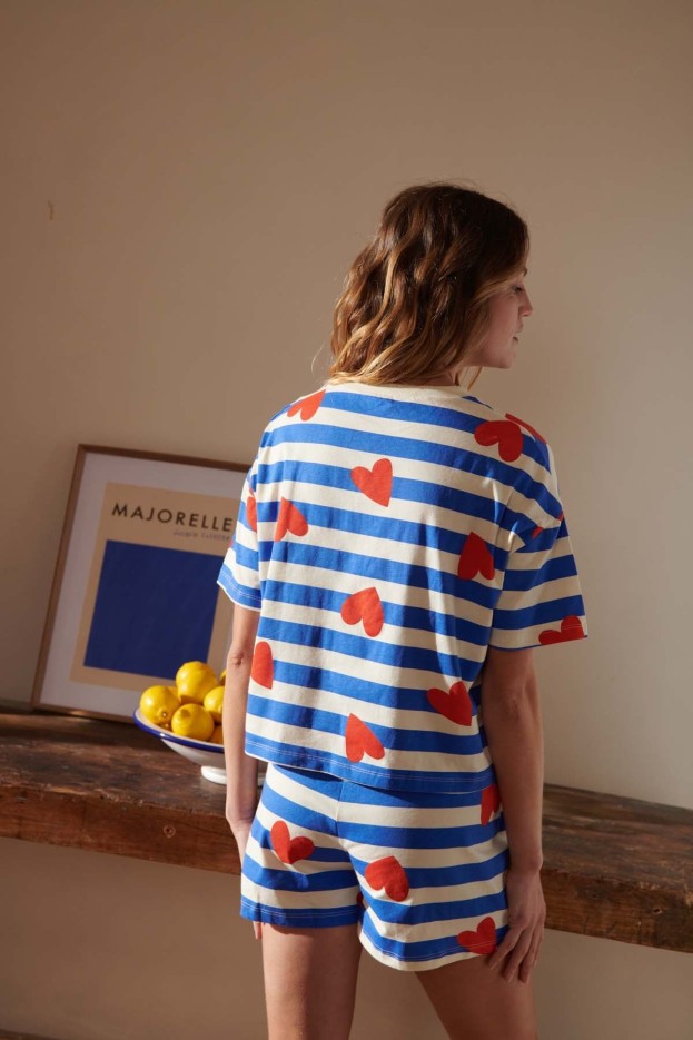 Pyjama Coton Imprimé Marinière coeurs