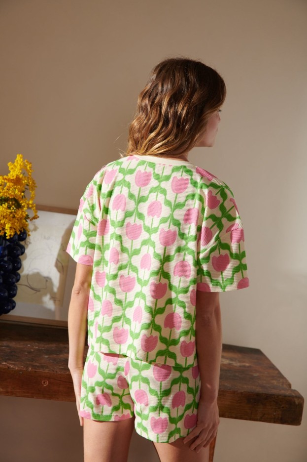 Pyjama Coton Gaufré Imprimé Tulipes rose