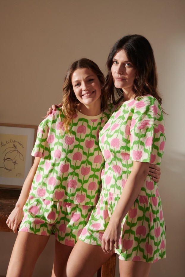 Pyjama Coton Gaufré Imprimé Tulipes rose