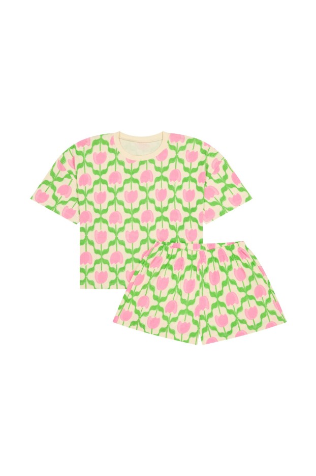 Pyjama Coton Gaufré Imprimé Tulipes rose