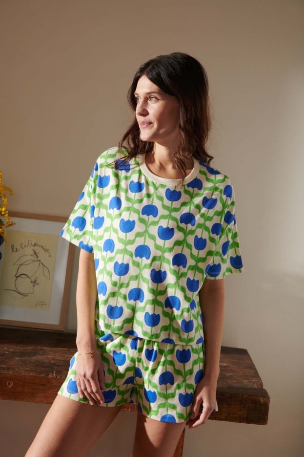 Pyjama Coton Imprimé Tulipes bleu