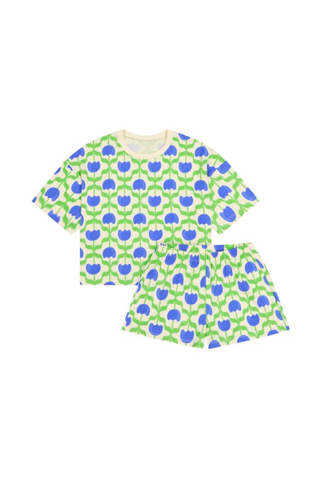 Pyjama Coton Imprimé Tulipes bleu
