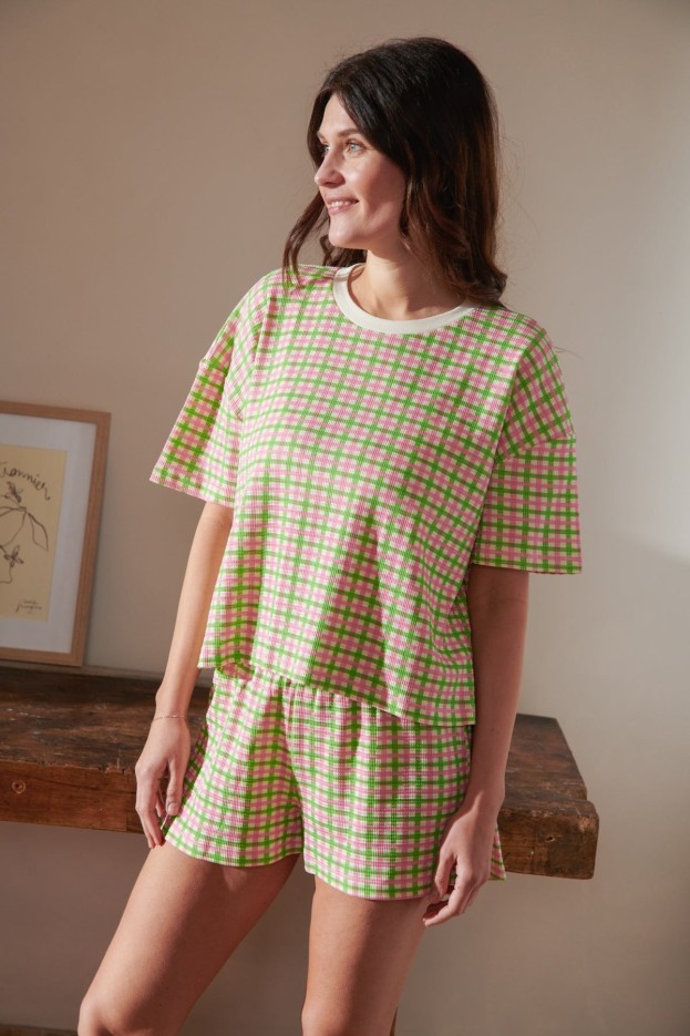 Pyjama Coton Gaufré Imprimé Vichy Vert et Rose