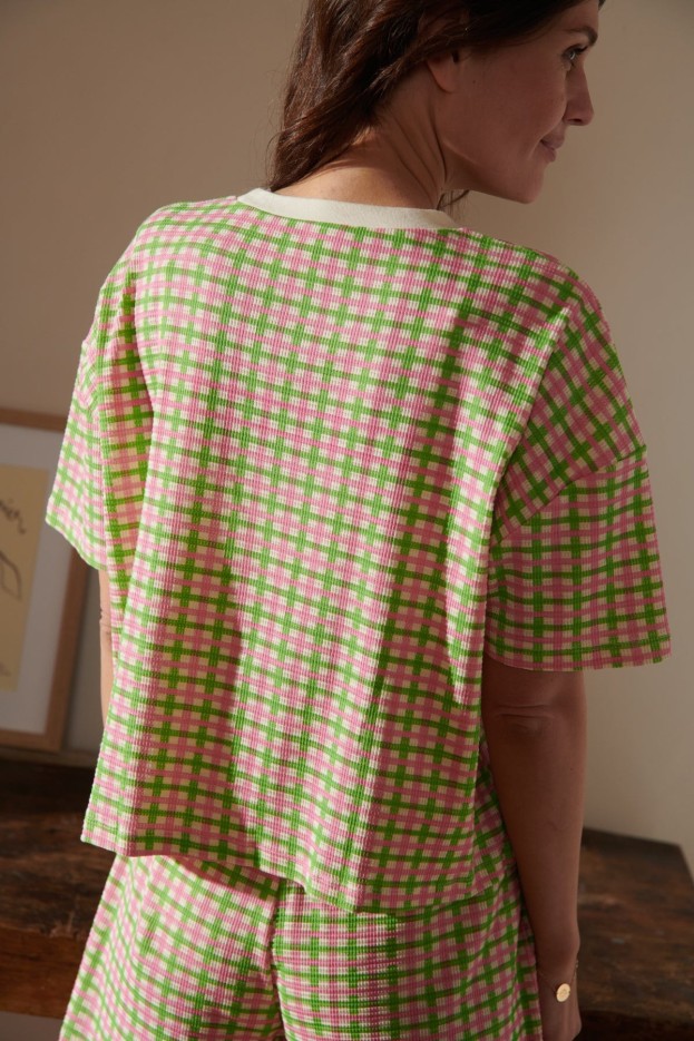 Pyjama Coton Gaufré Imprimé Vichy Vert et Rose