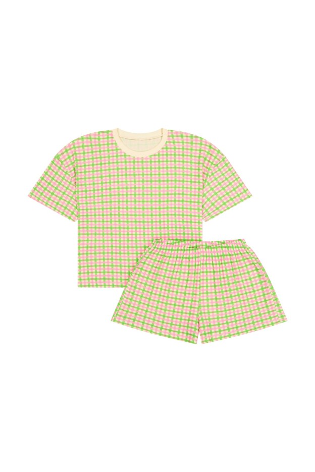 Pyjama Coton Gaufré Imprimé Vichy Vert et Rose