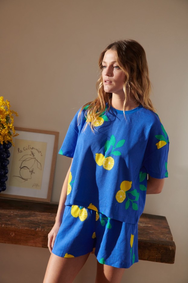 Pyjama Coton Gaufré Imprimé Citrons