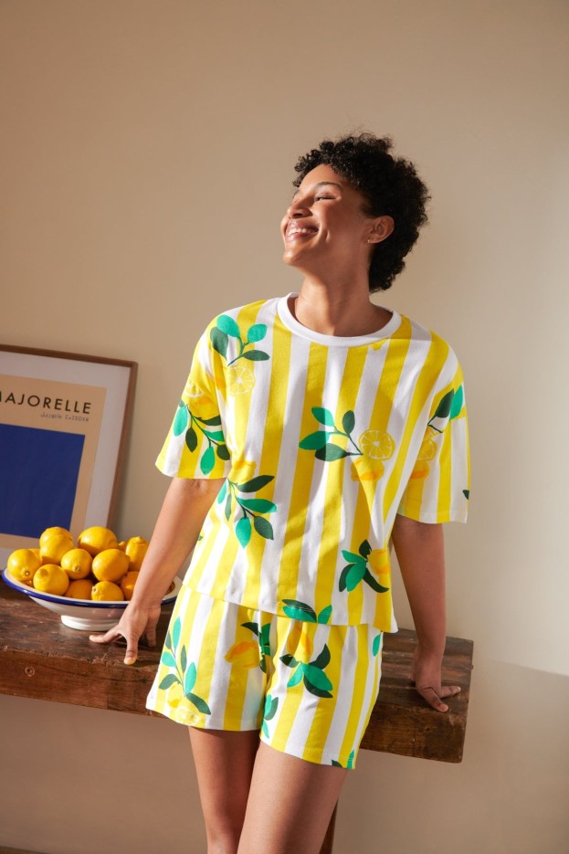 Pyjama Coton Imprimé Citrons rayures jaunes