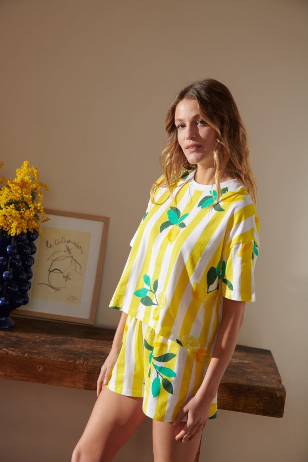 Pyjama Coton Imprimé Citrons rayures jaunes