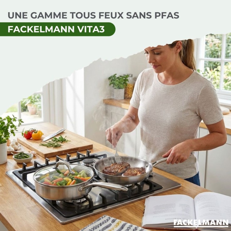 Poêle 24 cm et Sauteuse 24 cm inox 18/10 Triply et couvercle Fackelmann Vita3