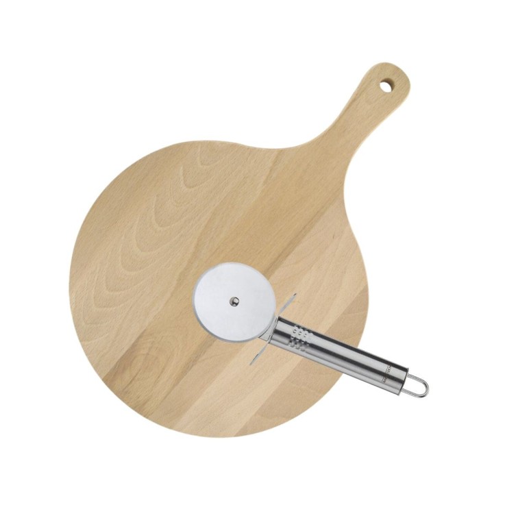 Ensemble pour pizza avec une planche à pizza ronde et une roulette à pizza Fackelmann