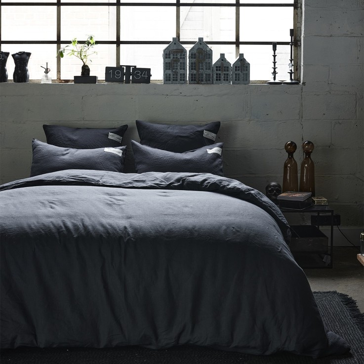 Parure de lit unie en lin Housse de couette + 2 taies rectangles, PARTI PRIS CHARBON