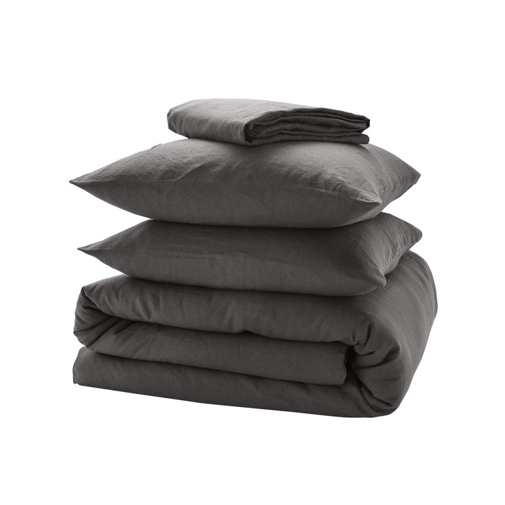 Parure de lit unie en lin Housse de couette + 2 taies rectangles, PARTI PRIS CHARBON