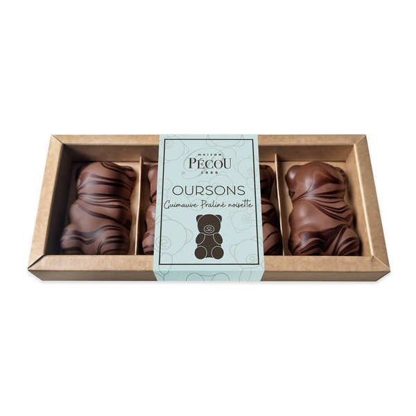 Etui de 4 oursons guimauve au chocolat Praliné Noisette - Etui de 100g