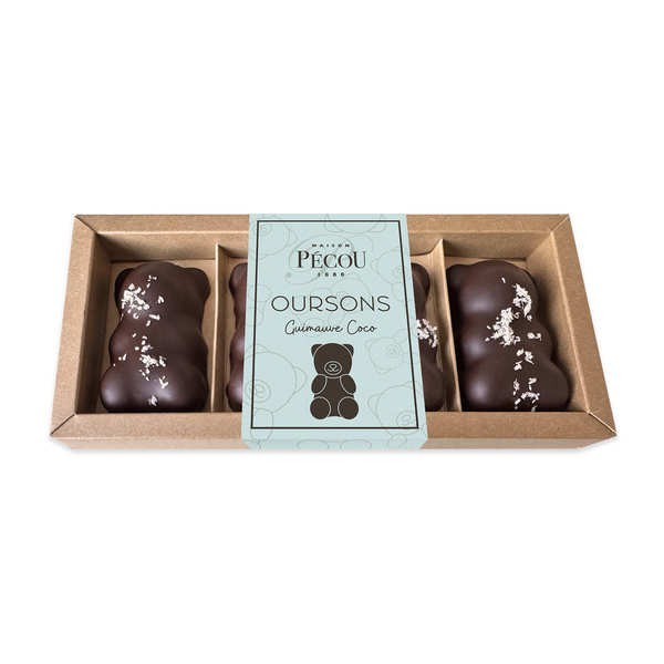 Etui de 4 oursons guimauve enrobés de chocolat noir et noix de coco - Etui de 100g