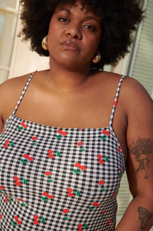 Robe fine bretelle en coton imprimé vichy noir