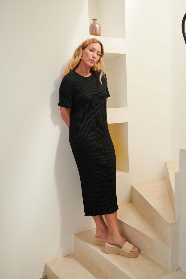 Robe longue t-shirt  plissée noir Coton Bio