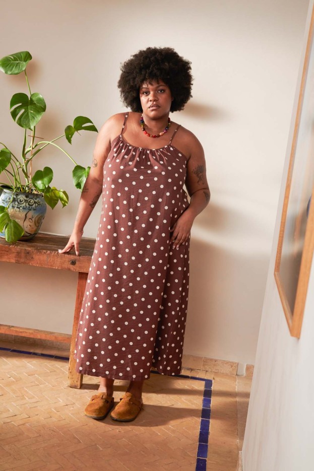 Robe longue à bretelles Pois Marron