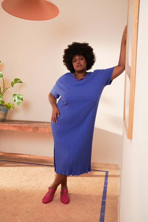 Robe longue t-shirt plissée bleu Coton Bio