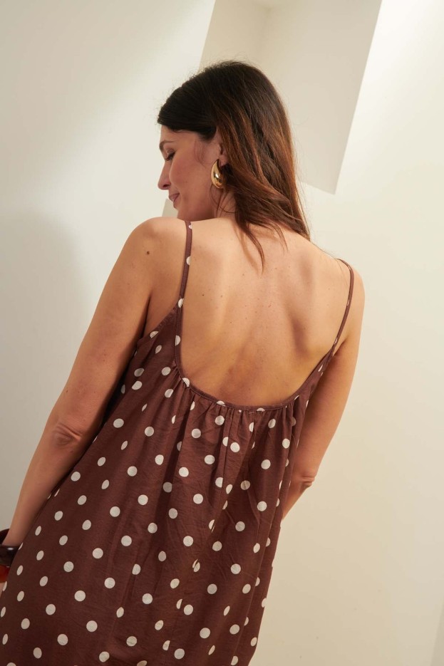 Robe longue à bretelles Pois Marron en Viscose Ecovero