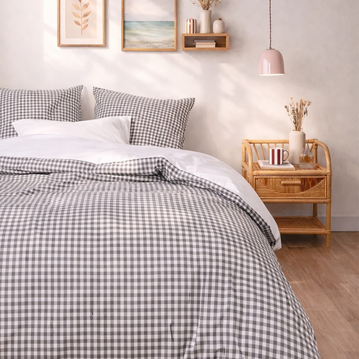 Parure de lit imprimée en percale de coton bio, taies rectangles, LE VICHY