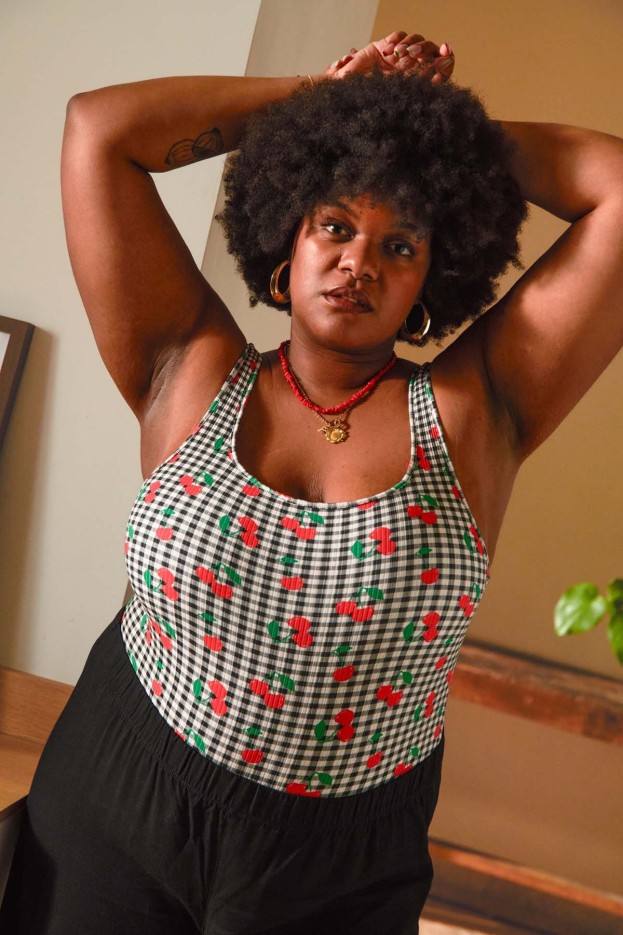 Body débardeur coton imprimé Vichy Cerises Noir Coton Bio