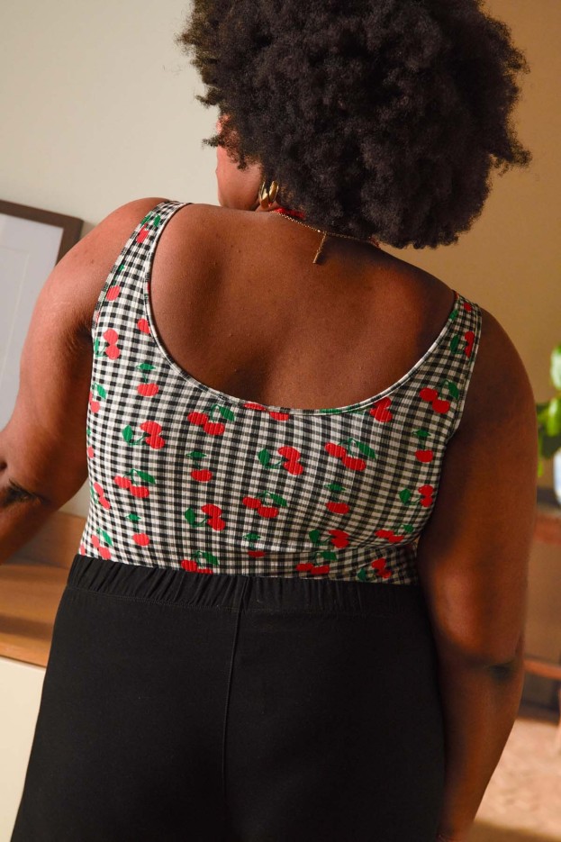 Body débardeur coton imprimé Vichy Cerises Noir Coton Bio