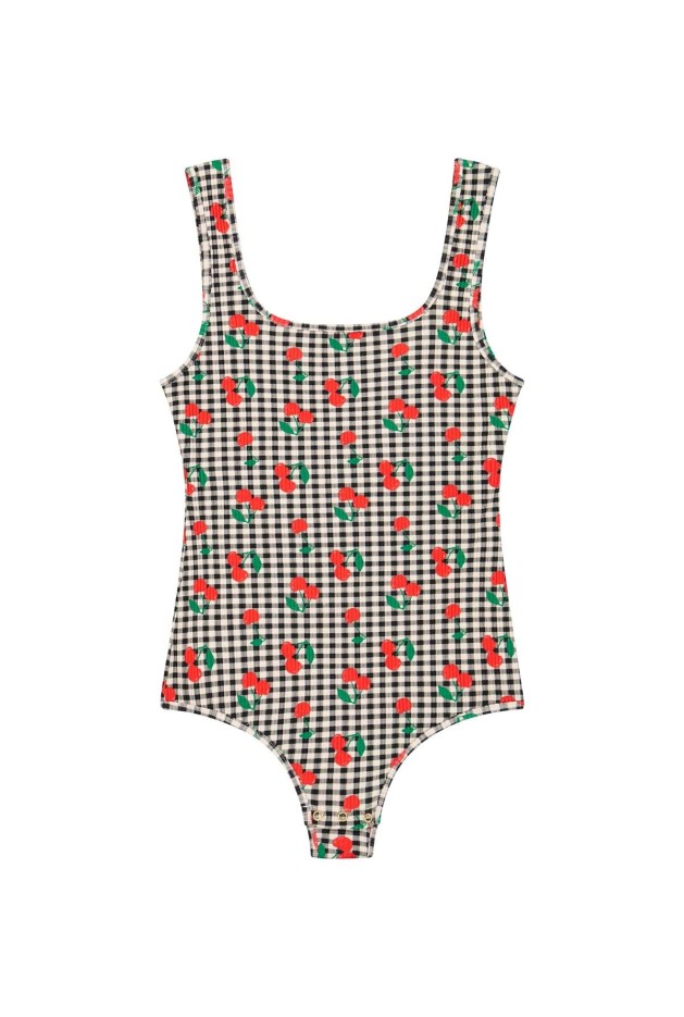 Body débardeur coton imprimé Vichy Cerises Noir Coton Bio