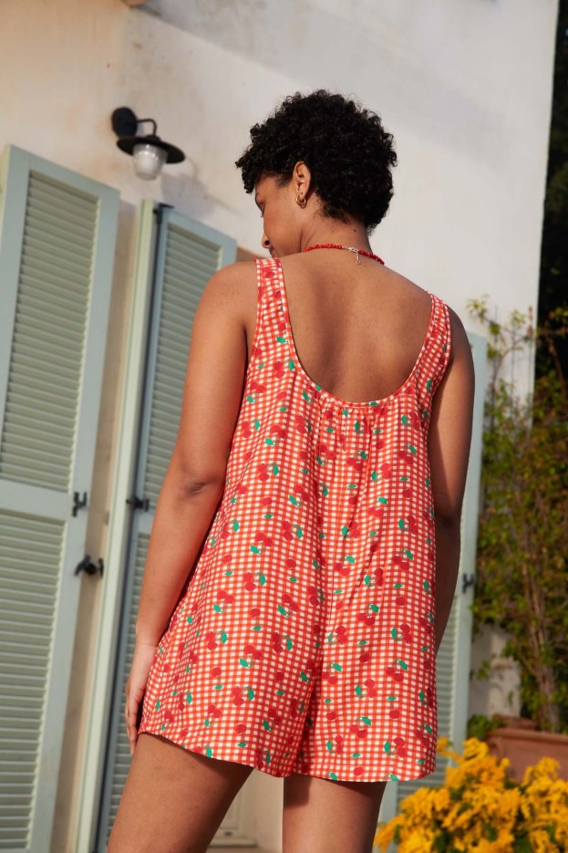 Combishort Viscose Imprimée Vichy Cerises Rouge