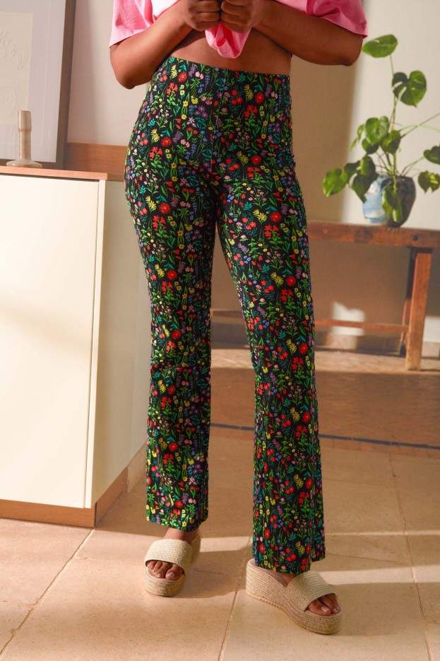 Pantalon évasé imprimé Pampa noir en Coton Bio