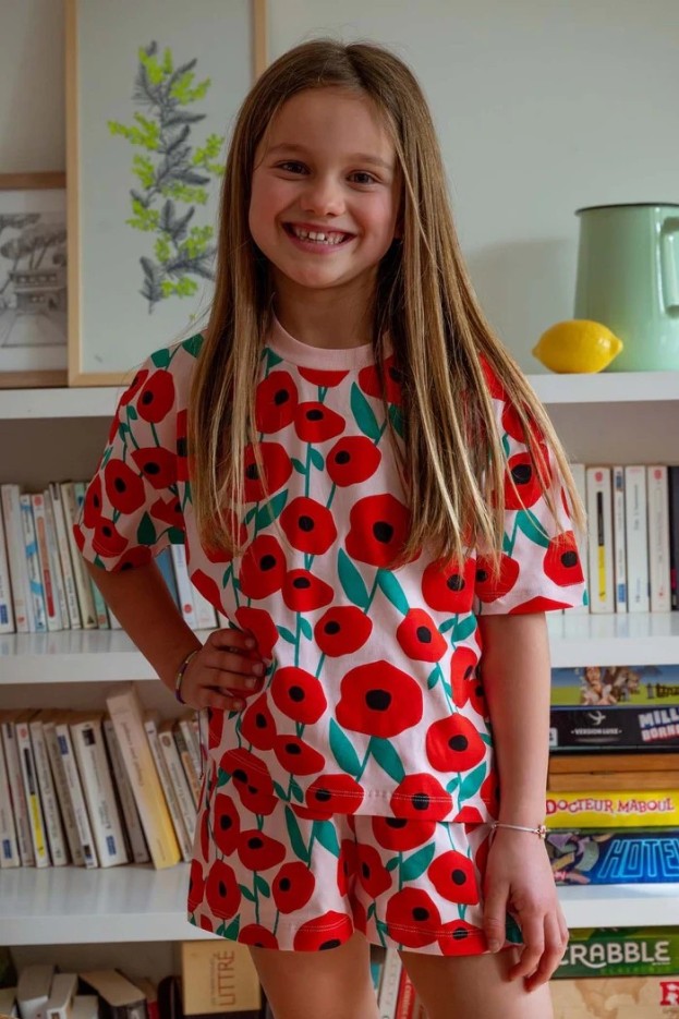 Pyjama enfant coton imprimé coquelicots rose